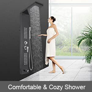 Multi function stainless steel bathroom control massage system rainfall wall SPA tower column shower panel light