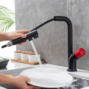 7-shaped matte black and red pull-out sprayer kitchen faucet with 360 degree nozzle hot and cold water faucet (2)
