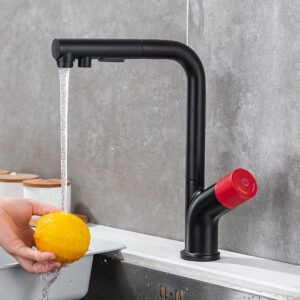 7-shaped matte black and red pull-out sprayer kitchen faucet with 360 degree nozzle hot and cold water faucet (3)