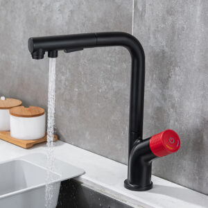 7-shaped matte black and red pull-out sprayer kitchen faucet with 360 degree nozzle hot and cold water faucet (5)