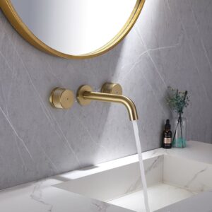 MOPO Brushed Gold Brass Double Handle Wall Mounted Bathroom Vessel Basin Sink Faucet