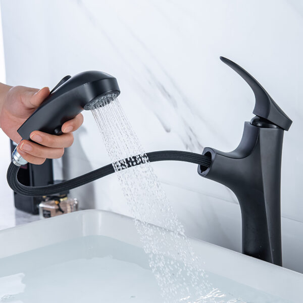 China Water Saver Faucet Bathroom Sanitary Ware Brass Matte black bar high Pull Out Basin Faucet (3)