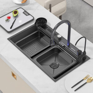 High Quality Honeycomb Embossing Digital Display Waterfall Kitchen Sink Multi-functional 304 Stainless Steel Kitchen Sink