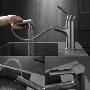 Pull Down Bathroom Sink Faucet, Modern Lavatory Vessel Sink Faucet, Utility Single Hole Bathroom Sink Faucet with Pull Out Sprayer (9)-grey