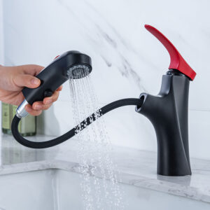 Wholesale black red basin sink pull out faucet pull out matte black bathroom faucet single handle brass vanity faucet (1)