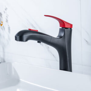 Wholesale matte black red strip high basin sink pull out the faucet pull out the bathroom faucet single handle brass wash basin faucet (5)